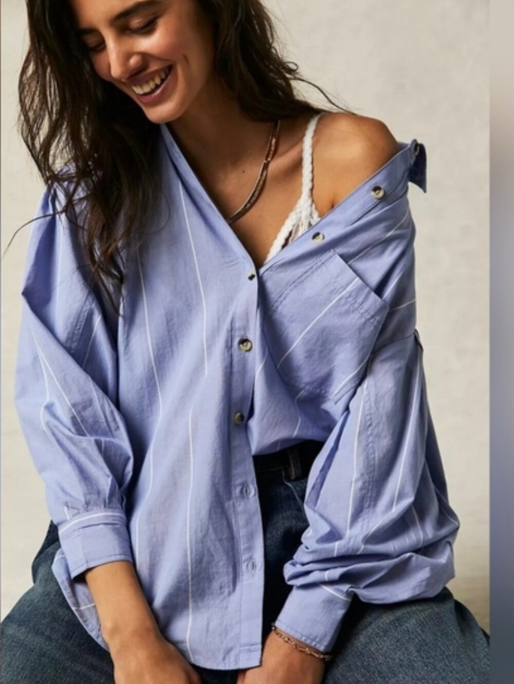 We The Free Happy Hour Blue Striped Top Button Up Cotton Blouse Small